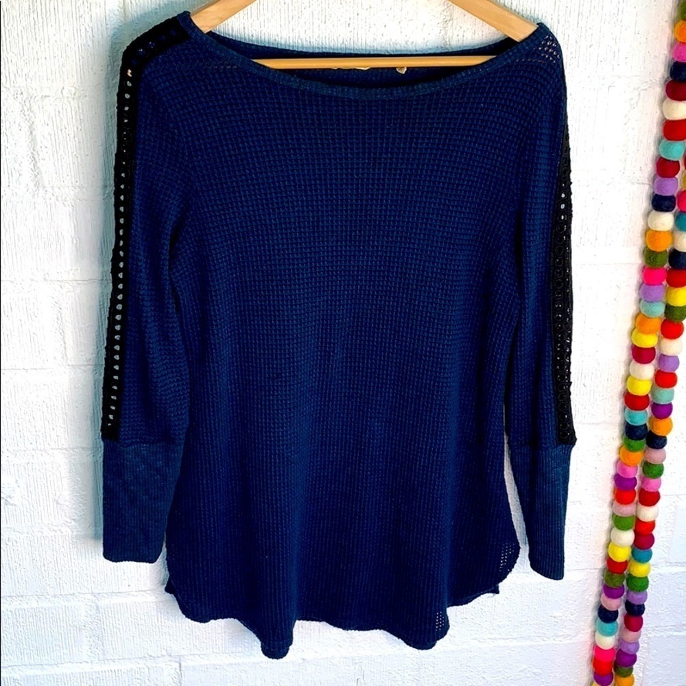 Soft Surroundings Henley Blue Thermal Eyelet Long Sleeve Shirt sz XS
